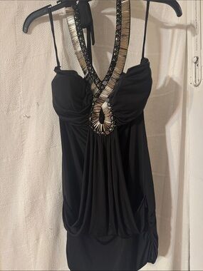 Perseption Black Halter Camisole with Gold Beaded Neckline